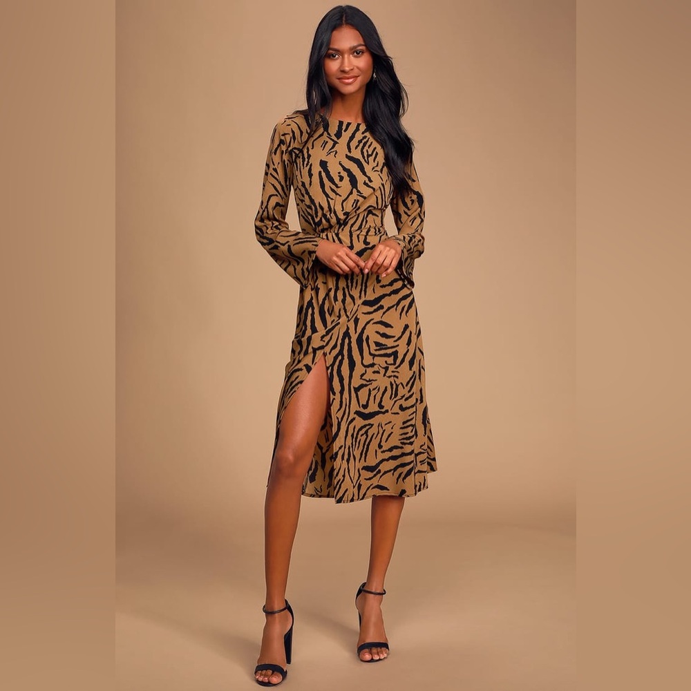 Lulus on the prowl black and brown tiger print midi dress